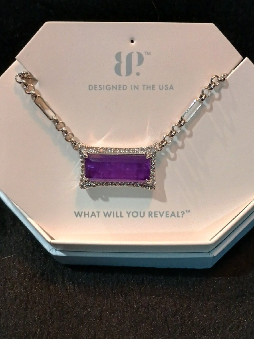 bp Silver Necklace with Purple Rectangular Pendant